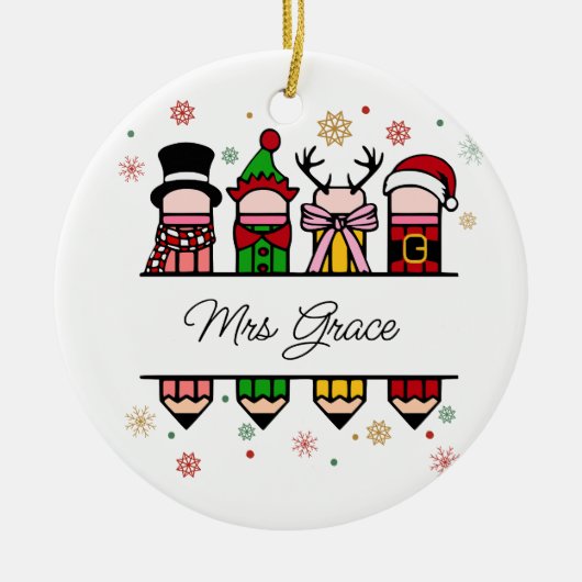 Gepersonaliseerde Leraar Naam Potlood, Kerstcadeau Keramisch Ornament (Voorkant)