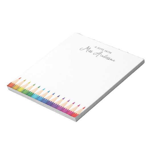 Gepersonaliseerde lerarennaam kleurrijke potloden notitieblok (Linkerzijde)
