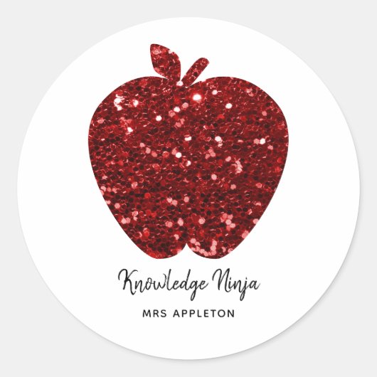 Gepersonaliseerde lerarennaam Sparkly Red Apple Ronde Sticker (Voorkant)