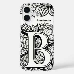 Gepersonaliseerde letter B Zwart Wit Tattoo Bloeme iPhone 16 Hoesje