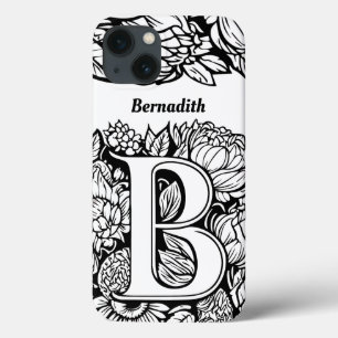 Gepersonaliseerde letter B Zwart Wit Tattoo Bloeme Case-Mate iPhone Case