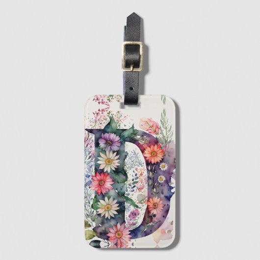 Gepersonaliseerde letter D Daisy Floral Waterverf Bagagelabel (Voorkant (verticaal))