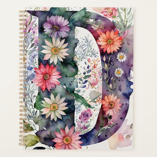 Gepersonaliseerde letter D Floral Waterverf Notiti Planner (Voorkant)