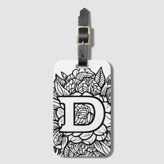 Gepersonaliseerde letter D Zwart Wit Bloemen Tatto Bagagelabel (Voorkant (verticaal))