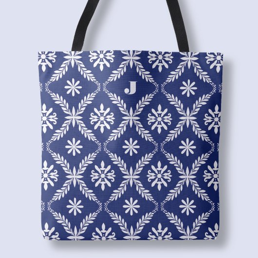 Gepersonaliseerde letter Elegant Blue Pattern Init Tote Bag