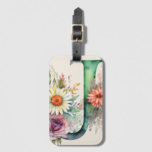 Gepersonaliseerde letter J Daisy Floral Waterverf Bagagelabel (Voorkant (verticaal))