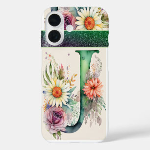 Gepersonaliseerde letter J Elegante Bloemen Waterv iPhone 16 Hoesje