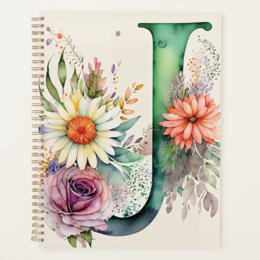 Gepersonaliseerde letter J Floral Waterverf Notiti Planner (Voorkant)