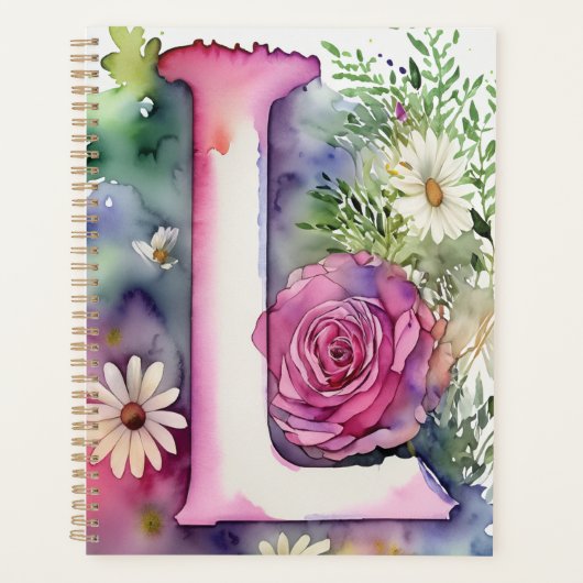 Gepersonaliseerde letter L Floral Waterverf Notiti Planner (Voorkant)