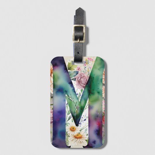 Gepersonaliseerde letter M Daisy Floral Waterverf Bagagelabel (Voorkant (verticaal))