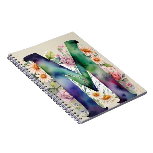 Gepersonaliseerde letter M Floral Waterverf Notiti Notitieboek (Rechterzijde)