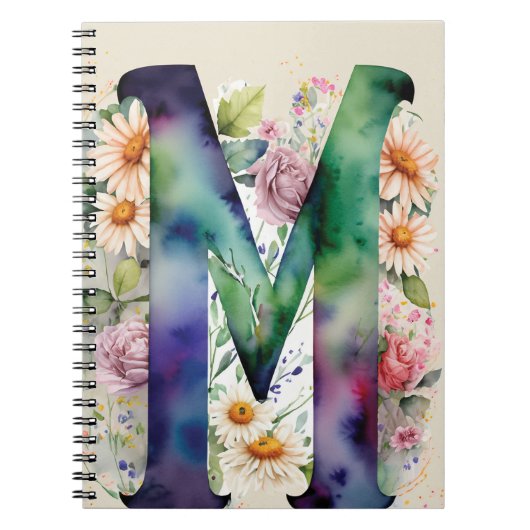 Gepersonaliseerde letter M Floral Waterverf Notiti Notitieboek (Voorkant)