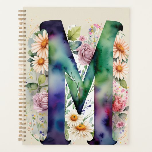 Gepersonaliseerde letter M Floral Waterverf Notiti Planner (Voorkant)