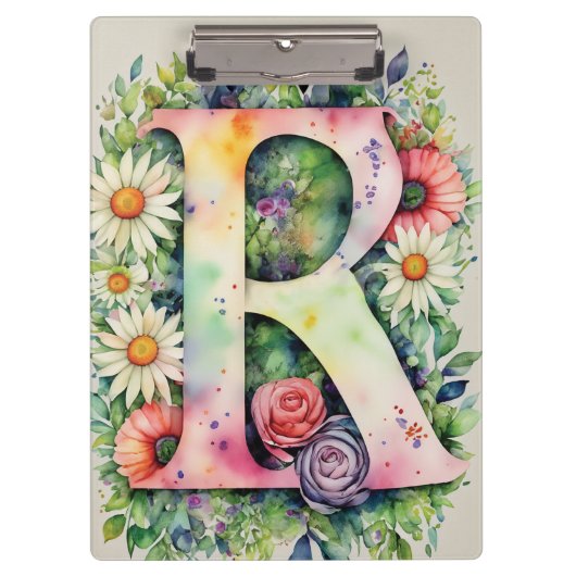 Gepersonaliseerde letter R Bloemen Waterverf Leraa Klembord (Voorkant)