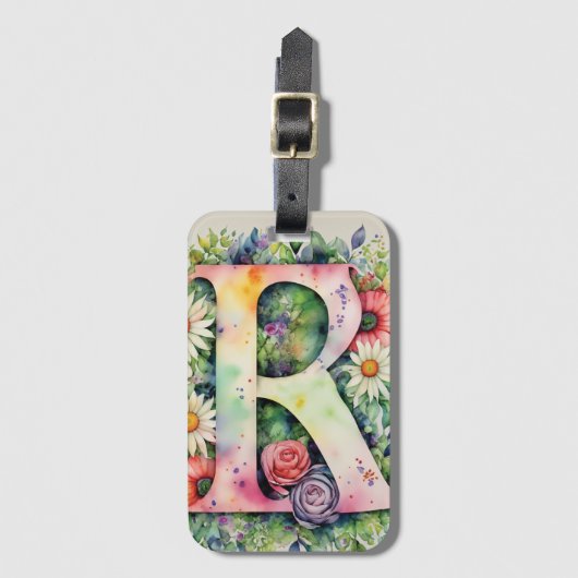 Gepersonaliseerde letter R Daisy Floral Waterverf Bagagelabel
