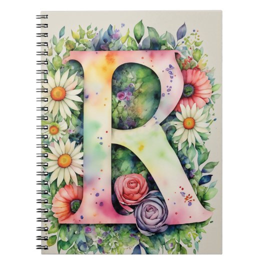 Gepersonaliseerde letter R Floral Waterverf Notiti Notitieboek (Voorkant)