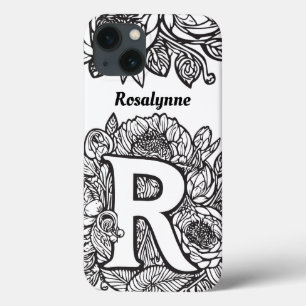 Gepersonaliseerde letter R Zwart Wit Tattoo Bloeme Case-Mate iPhone Case
