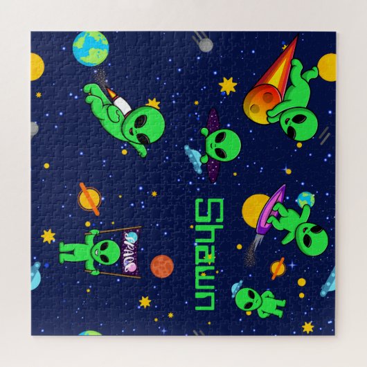 Gepersonaliseerde leuke aliens in de ruimte legpuzzel (Horizontaal)
