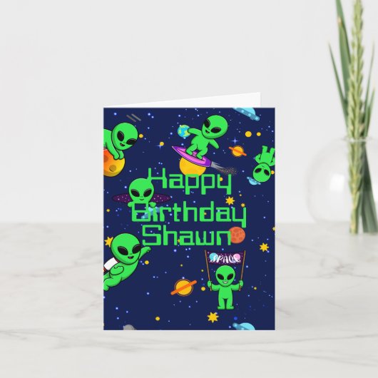 Gepersonaliseerde Leuke Aliens in Space Kaart (Voorkant)