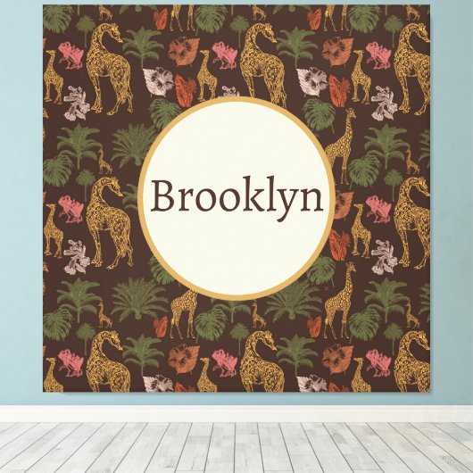 Gepersonaliseerde Leuke Bruine Safari Giraffe Bloe Canvas Afdruk (Insitu (Houten vloer))