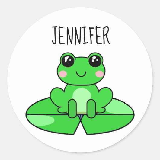Gepersonaliseerde Leuke Cartoon Frog op een Lily P Ronde Sticker (Voorkant)