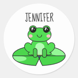 Gepersonaliseerde Leuke Cartoon Frog op een Lily P Ronde Sticker