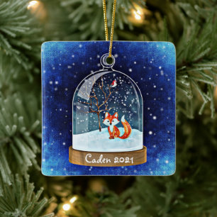 Gepersonaliseerde Leuke Rode Vos in Snowglobe Keramisch Ornament