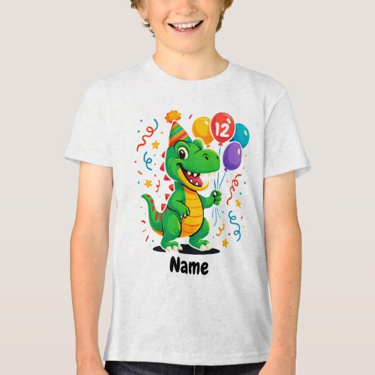 Gepersonaliseerde Leuke Verjaardag Dino Kinder Tri-Blend Shirt (Voorkant)