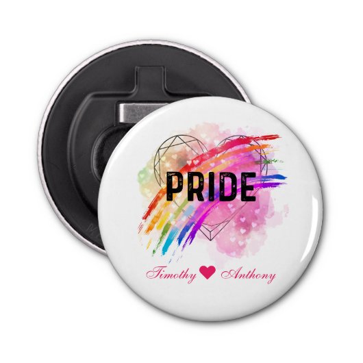 Gepersonaliseerde LGBTQ Pride Rainbow Color Heart Button Flesopener (Voorkant)
