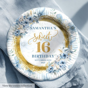 Gepersonaliseerde Lichtblauw Sweet Sixteen Gold Gl Papieren Bordje