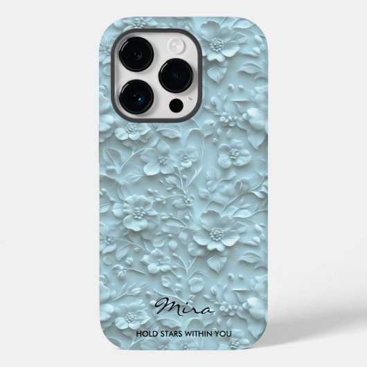 Gepersonaliseerde Lichtblauwe Geborduurde Bloemen  Case-Mate iPhone Case (Achterkant)