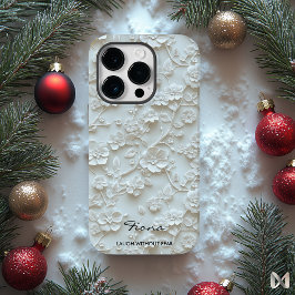 Gepersonaliseerde Lichtblauwe Geborduurde Bloemen  Case-Mate iPhone 14 Pro Hoesje