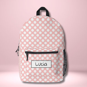 Gepersonaliseerde Lichtroze en Witte Polka Dot Bedrukte Rugzak