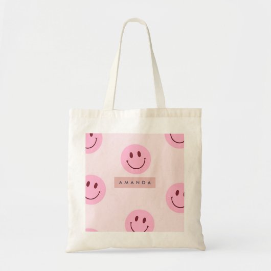 Gepersonaliseerde lichtroze smiley face tote bag (Voorkant)