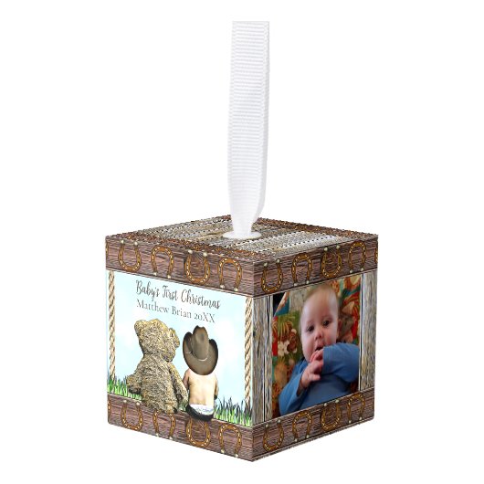 Gepersonaliseerde Lil Cowboy | Eerste Kerstmis bab Decoratie (Voorkant hoekig)