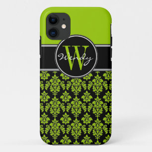 Gepersonaliseerde Lime Green Black Damask iPhone 11 Hoesje