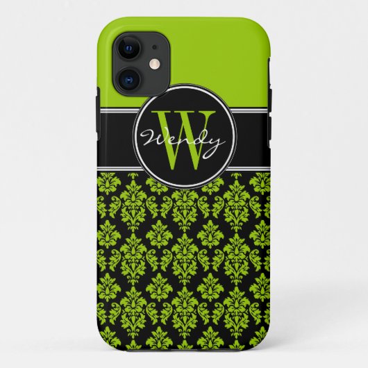 Gepersonaliseerde Lime Green Black Damask Case-Mate iPhone Case (Achterkant)