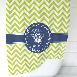 Gepersonaliseerde Lime Green Navy Honey Bee Chevro Douchegordijn