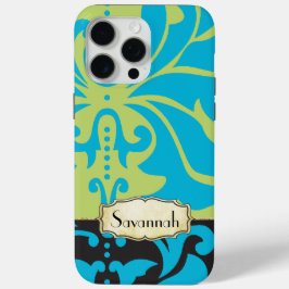 Gepersonaliseerde Limoen Aqua Gold Damask iPhone 15 Pro Max Hoesje