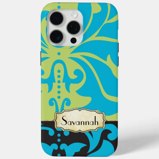Gepersonaliseerde Limoen Aqua Gold Damask Case-Mate iPhone Case (Achterkant)