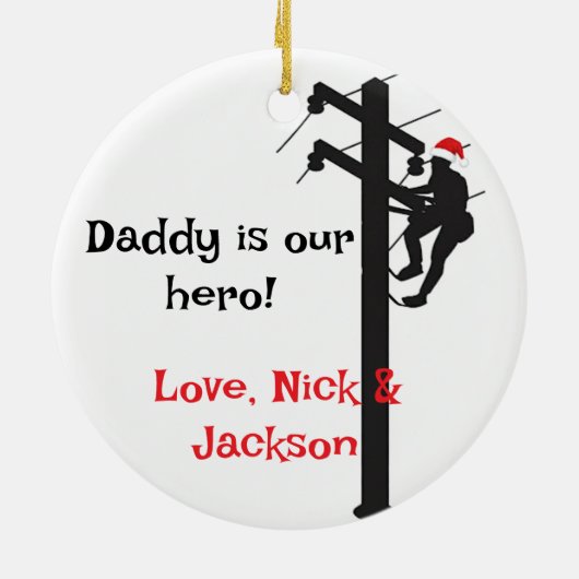 Gepersonaliseerde Lineman "Papa is onze held" Kers Keramisch Ornament (Achterkant)