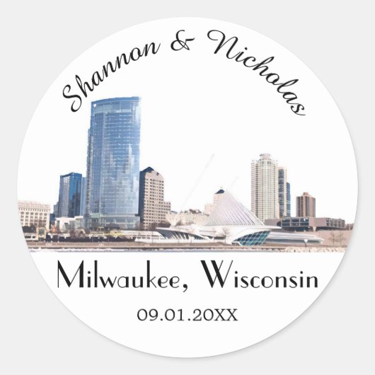 Gepersonaliseerde Liwaukee Skyline Wedding Ronde Sticker (Voorkant)