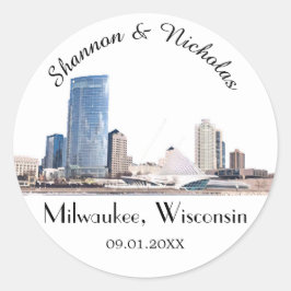 Gepersonaliseerde Liwaukee Skyline Wedding Ronde Sticker