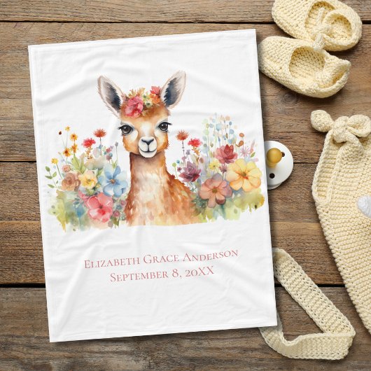 Gepersonaliseerde Llama Wildflower Waterverf Baby Fleece Deken