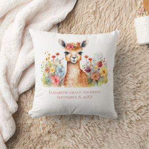 Gepersonaliseerde Llama Wildflower Waterverf Baby Kussen