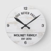 Gepersonaliseerde "Love Never Fails" Rustieke klok (Voorkant)