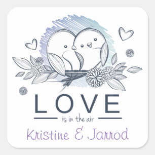 Gepersonaliseerde Lovebirds Paarse Liefde Bruiloft Vierkante Sticker