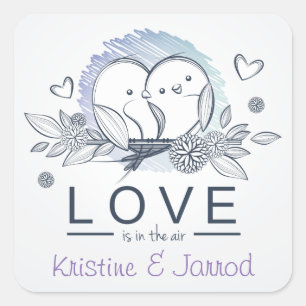 Gepersonaliseerde Lovevogels Paarse Love Wedding Vierkante Sticker