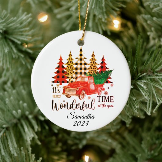 Gepersonaliseerde luipaard print plaid kerstboom keramisch ornament (Boom)