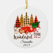 Gepersonaliseerde luipaard print plaid kerstboom keramisch ornament (Voorkant)